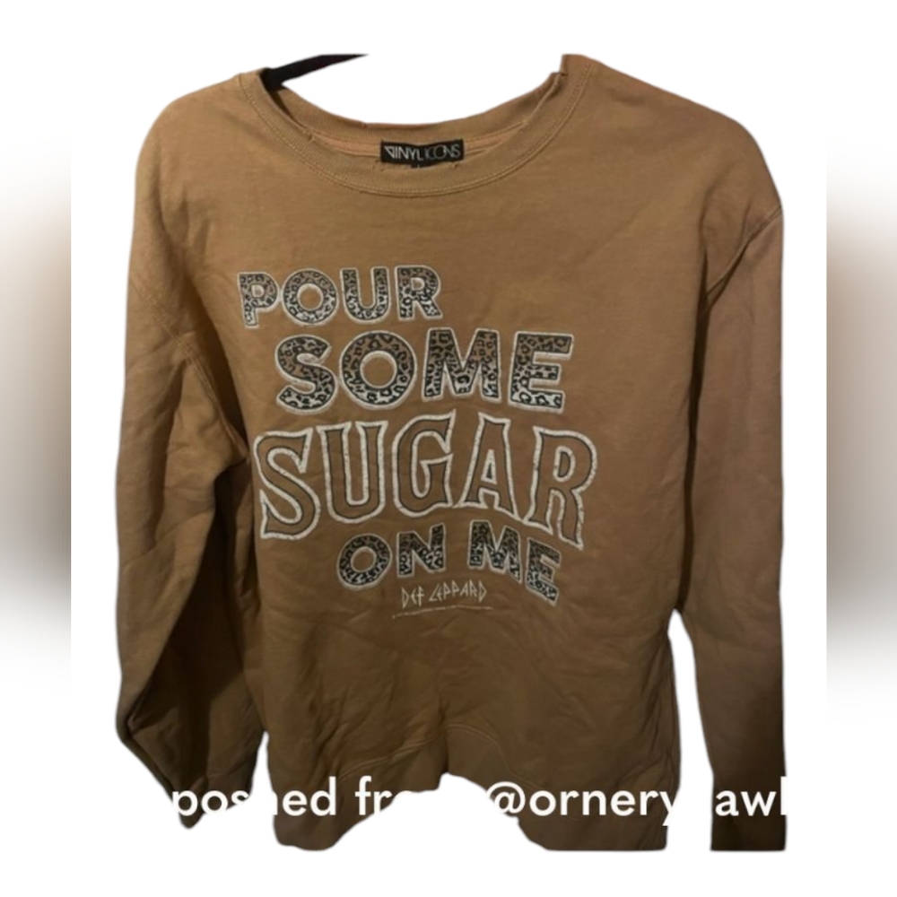 DEF LEPPARD Brown Sweatshirt , Vinyl Icons wear, distressed look- Large